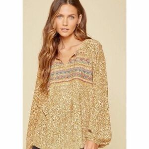 Savanna Jane Mustard Yellow Embroidered Boho Blouse- Medium